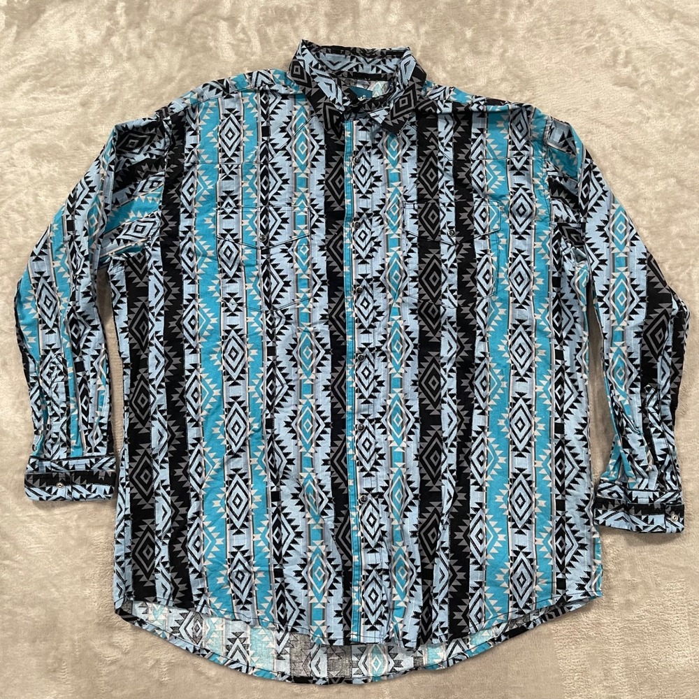 Wangler Shirt Mens XL Blue Aztec Southwestern Brushpopper Pearl Snap Cowboy